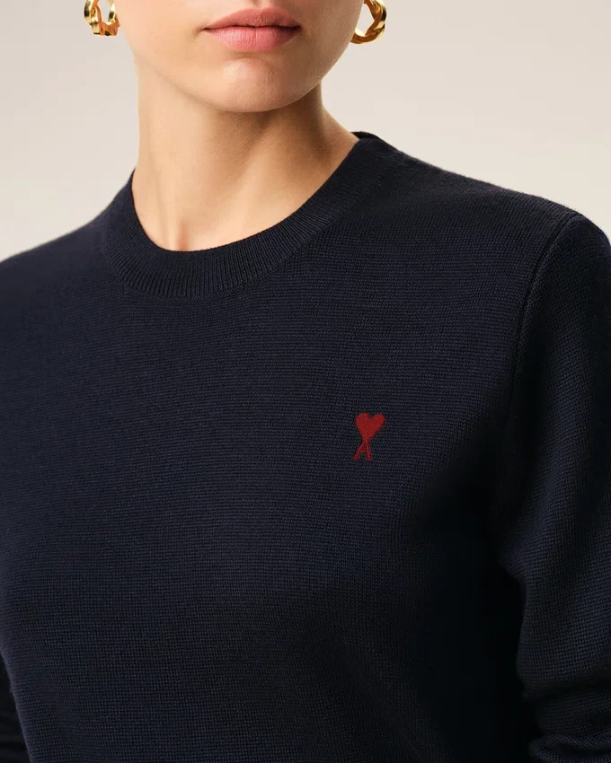 Blue Wool Crewneck Sweater with Contrasted Ami De Coeur Blue Wool Crewneck Sweater with Contrasted Ami De Coeur
