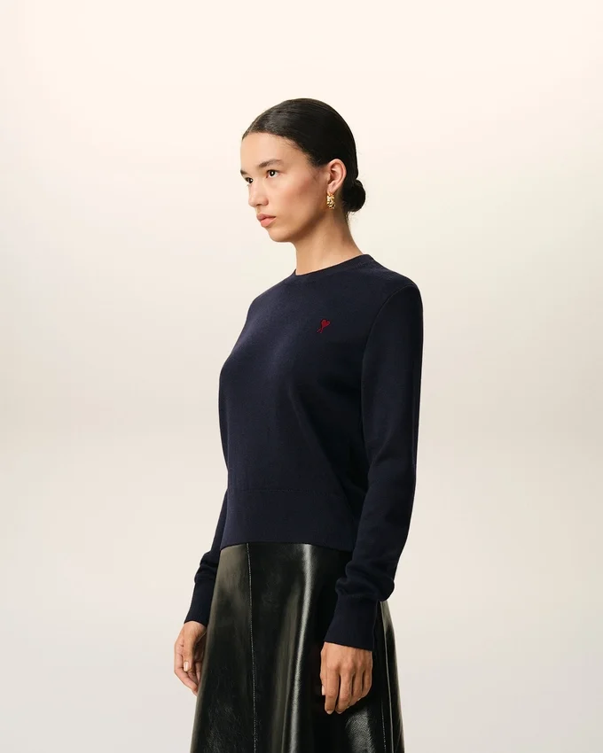 Blue Wool Crewneck Sweater with Contrasted Ami De Coeur Blue Wool Crewneck Sweater with Contrasted Ami De Coeur