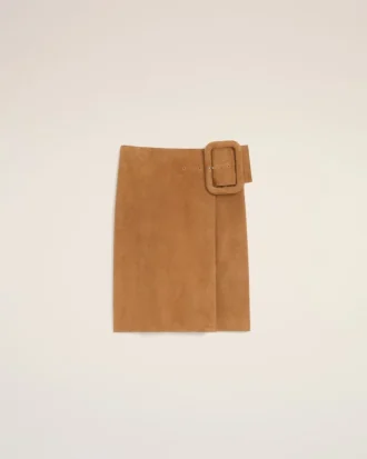 Brown Goat Leather Big Buckle Belted Midi Skirt