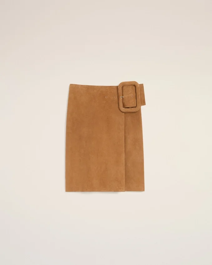 Brown Goat Leather Big Buckle Belted Midi Skirt Brown Goat Leather Big Buckle Belted Midi Skirt
