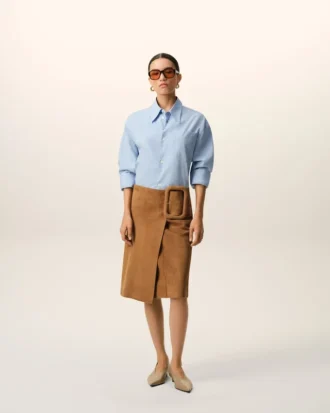 Brown Goat Leather Big Buckle Belted Midi Skirt