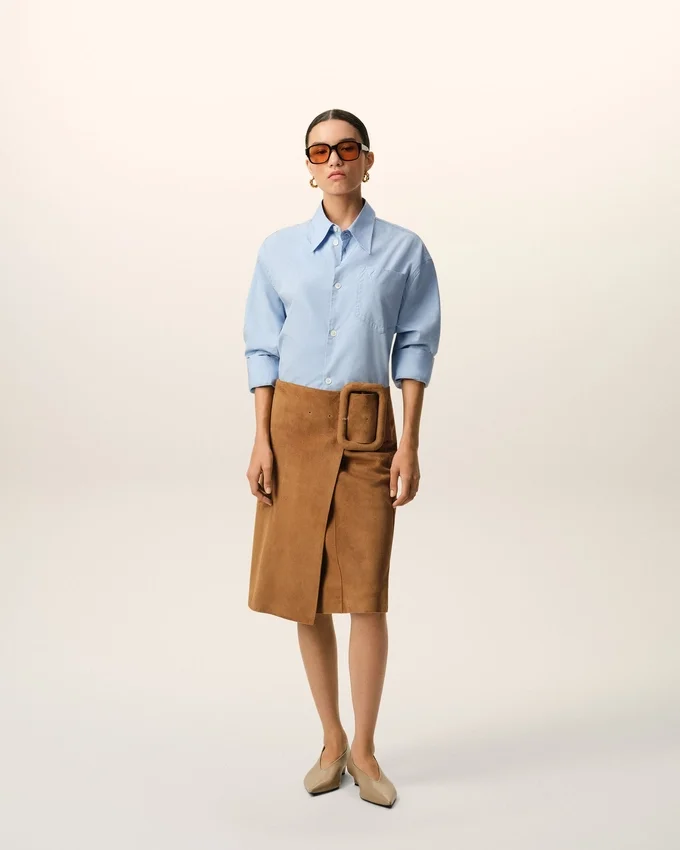 Brown Goat Leather Big Buckle Belted Midi Skirt Brown Goat Leather Big Buckle Belted Midi Skirt