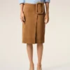 Brown Goat Leather Big Buckle Belted Midi Skirt Brown Goat Leather Big Buckle Belted Midi Skirt