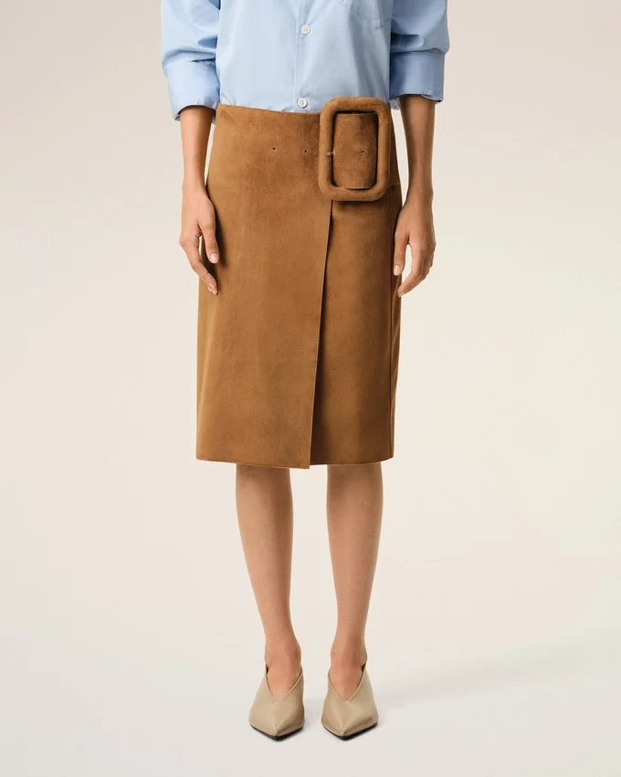 Brown Goat Leather Big Buckle Belted Midi Skirt Brown Goat Leather Big Buckle Belted Midi Skirt