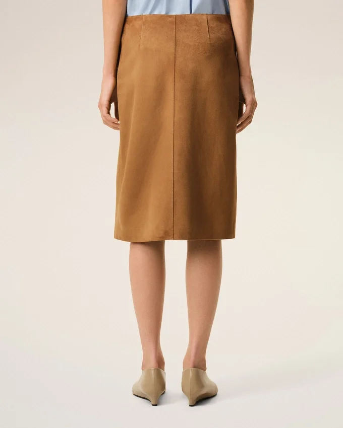 Brown Goat Leather Big Buckle Belted Midi Skirt Brown Goat Leather Big Buckle Belted Midi Skirt