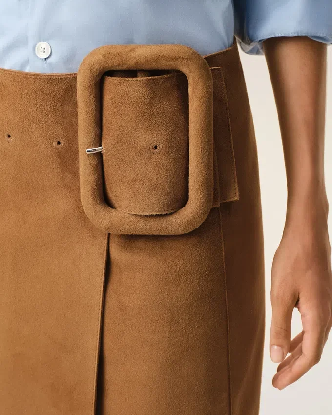 Brown Goat Leather Big Buckle Belted Midi Skirt Brown Goat Leather Big Buckle Belted Midi Skirt