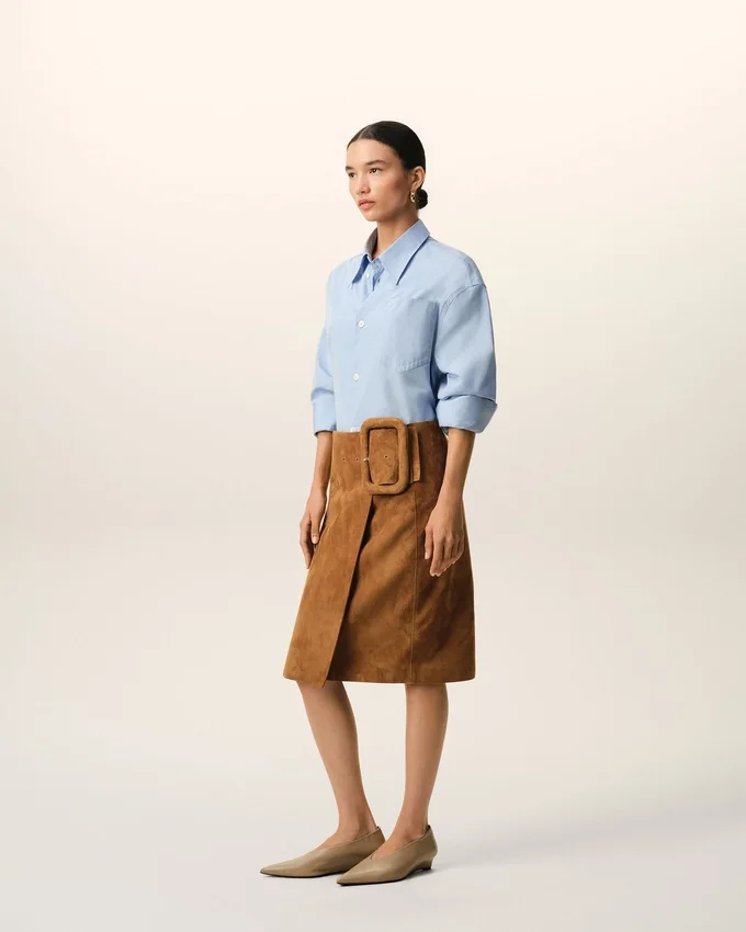 Brown Goat Leather Big Buckle Belted Midi Skirt Brown Goat Leather Big Buckle Belted Midi Skirt