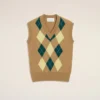 Brown Wool and Cotton Argyle Intarsia Sleeveless Sweater