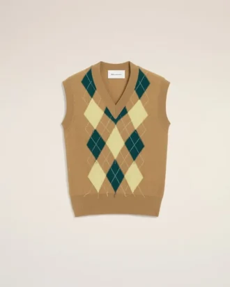 Brown Wool and Cotton Argyle Intarsia Sleeveless Sweater