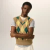 Brown Wool and Cotton Argyle Intarsia Sleeveless Sweater