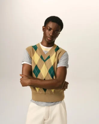 Brown Wool and Cotton Argyle Intarsia Sleeveless Sweater