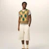 Brown Wool and Cotton Argyle Intarsia Sleeveless Sweater