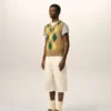 Brown Wool and Cotton Argyle Intarsia Sleeveless Sweater