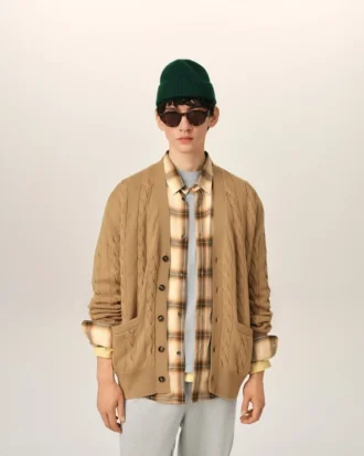 Brown Wool and Cotton Cable Stitch Cardigan