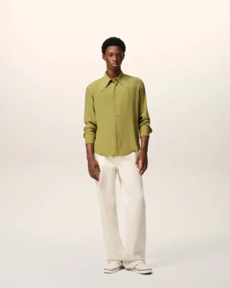 Green Blended Silk Sharp Collar Adjusted Shirt