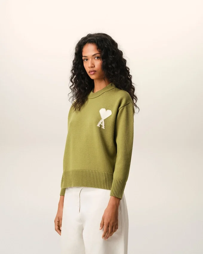 Green Wool and Cotton Crewneck Ami De Coeur Sweater Green Wool and Cotton Crewneck Ami De Coeur Sweater
