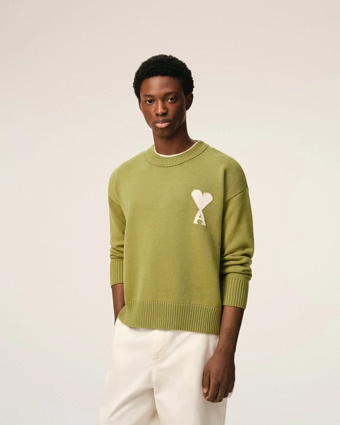 Green Wool and Cotton Crewneck Ami De Coeur Sweater Green Wool and Cotton Crewneck Ami De Coeur Sweater