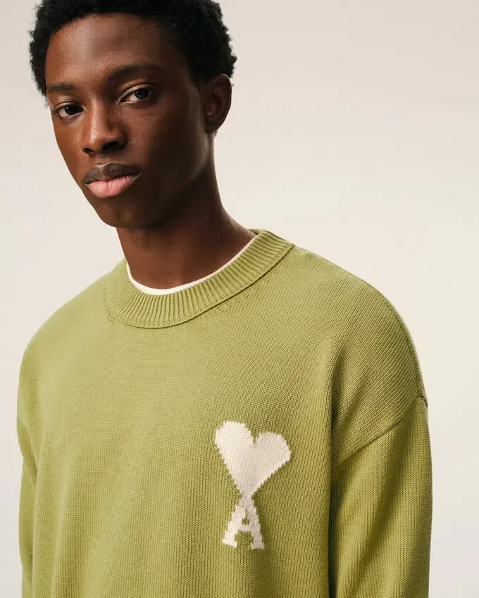 Green Wool and Cotton Crewneck Ami De Coeur Sweater Green Wool and Cotton Crewneck Ami De Coeur Sweater
