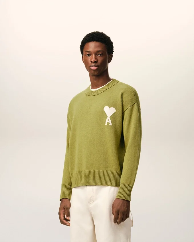 Green Wool and Cotton Crewneck Ami De Coeur Sweater Green Wool and Cotton Crewneck Ami De Coeur Sweater