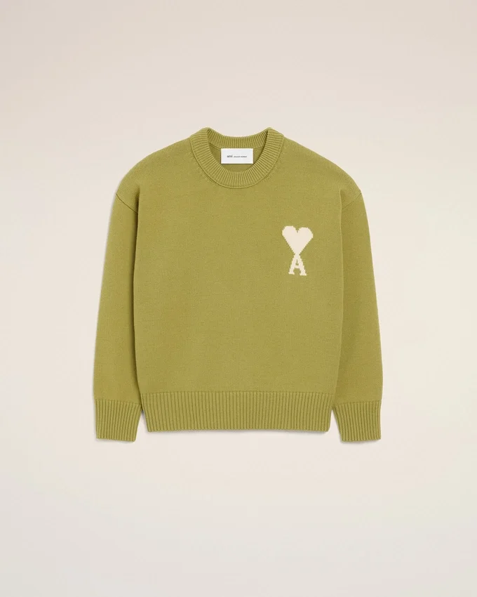 Green Wool and Cotton Crewneck Ami De Coeur Sweater Green Wool and Cotton Crewneck Ami De Coeur Sweater