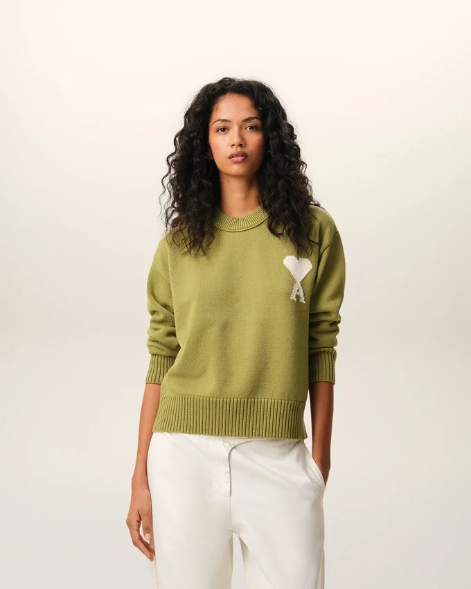 Green Wool and Cotton Crewneck Ami De Coeur Sweater Green Wool and Cotton Crewneck Ami De Coeur Sweater