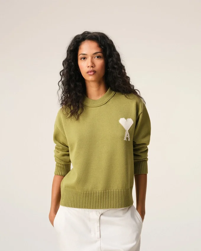 Green Wool and Cotton Crewneck Ami De Coeur Sweater Green Wool and Cotton Crewneck Ami De Coeur Sweater