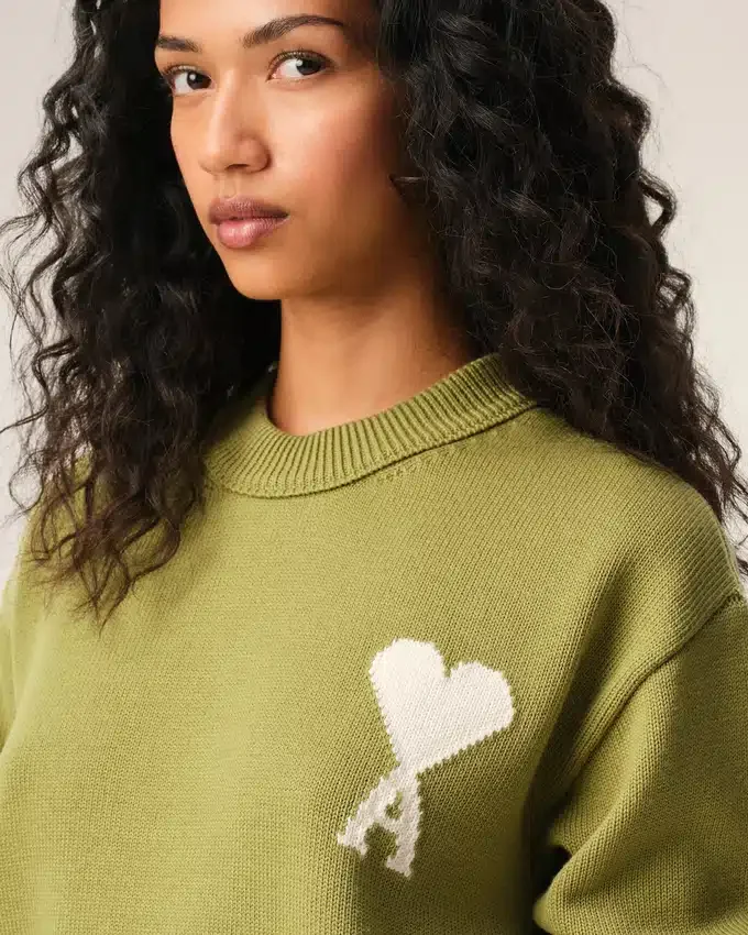 Green Wool and Cotton Crewneck Ami De Coeur Sweater Green Wool and Cotton Crewneck Ami De Coeur Sweater