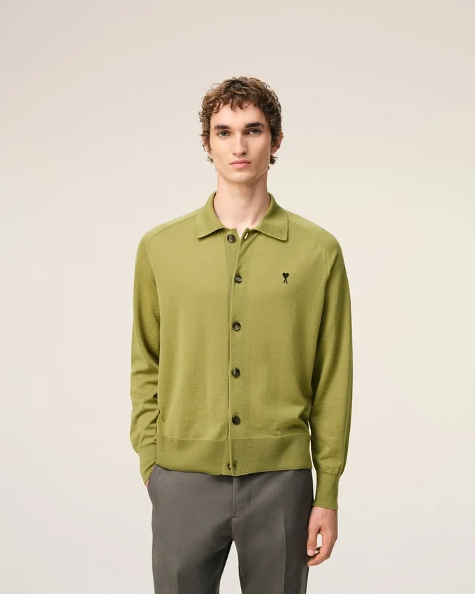 Green Wool Shirt Collar Ami De Coeur Cardigan Green Wool Shirt Collar Ami De Coeur Cardigan