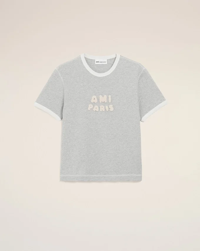 Grey Cotton Ami Paris Knitted Patch T-Shirt Grey Cotton Ami Paris Knitted Patch T-Shirt