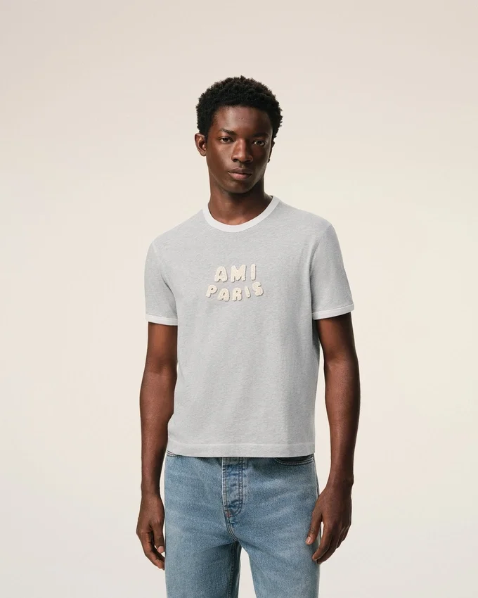 Grey Cotton Ami Paris Knitted Patch T-Shirt Grey Cotton Ami Paris Knitted Patch T-Shirt