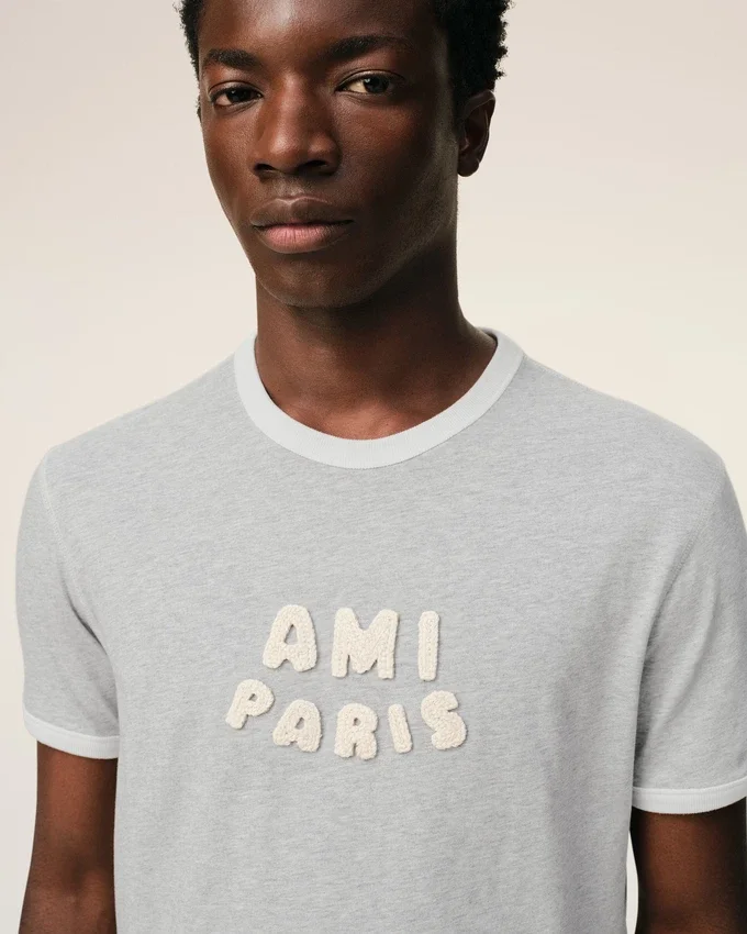 Grey Cotton Ami Paris Knitted Patch T-Shirt Grey Cotton Ami Paris Knitted Patch T-Shirt