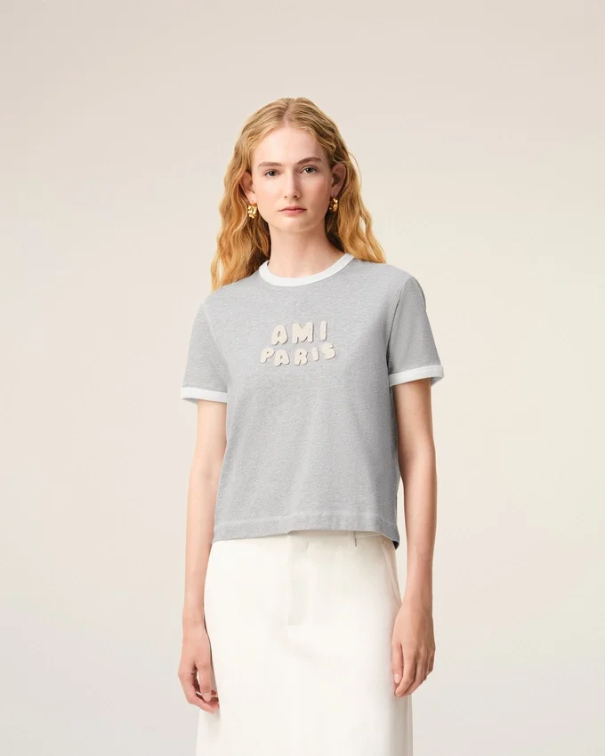 Grey Cotton Ami Paris Knitted Patch T-Shirt Grey Cotton Ami Paris Knitted Patch T-Shirt