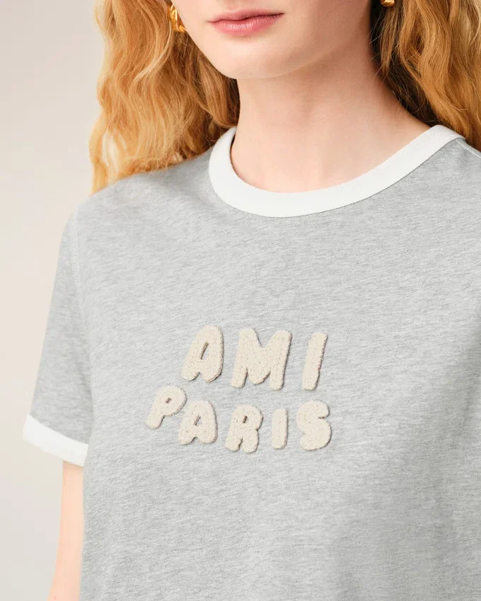 Grey Cotton Ami Paris Knitted Patch T-Shirt Grey Cotton Ami Paris Knitted Patch T-Shirt