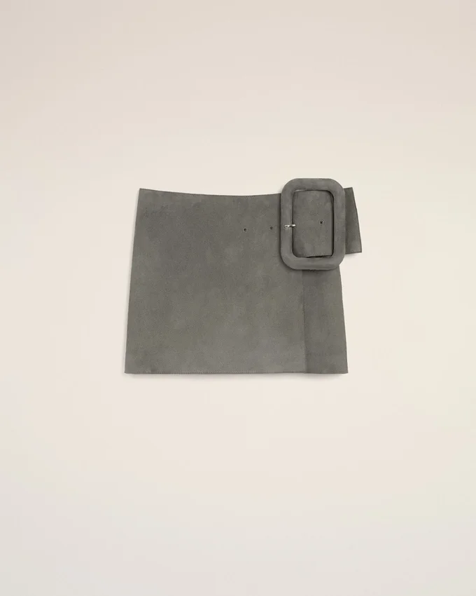 Grey Goat Leather Big Buckle Belted Mini Skirt Grey Goat Leather Big Buckle Belted Mini Skirt