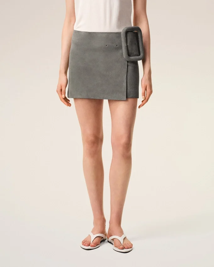 Grey Goat Leather Big Buckle Belted Mini Skirt Grey Goat Leather Big Buckle Belted Mini Skirt