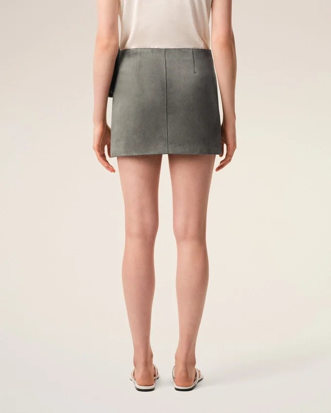 Grey Goat Leather Big Buckle Belted Mini Skirt Grey Goat Leather Big Buckle Belted Mini Skirt