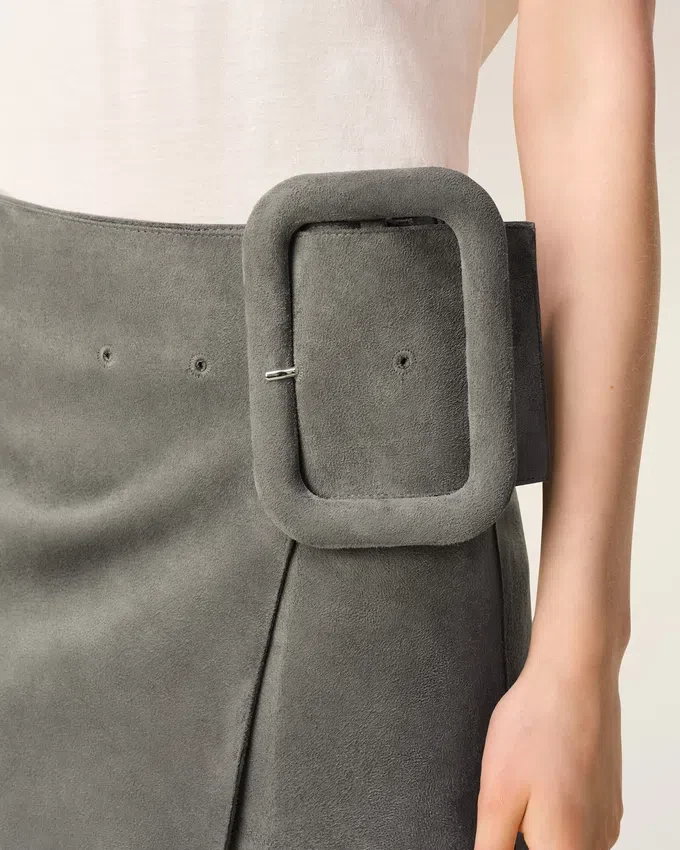 Grey Goat Leather Big Buckle Belted Mini Skirt Grey Goat Leather Big Buckle Belted Mini Skirt