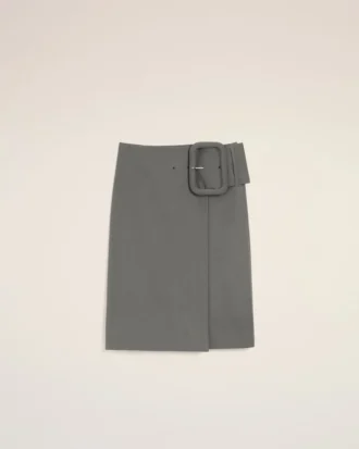 Grey New Wool Big Buckle Belted Midi Skirt