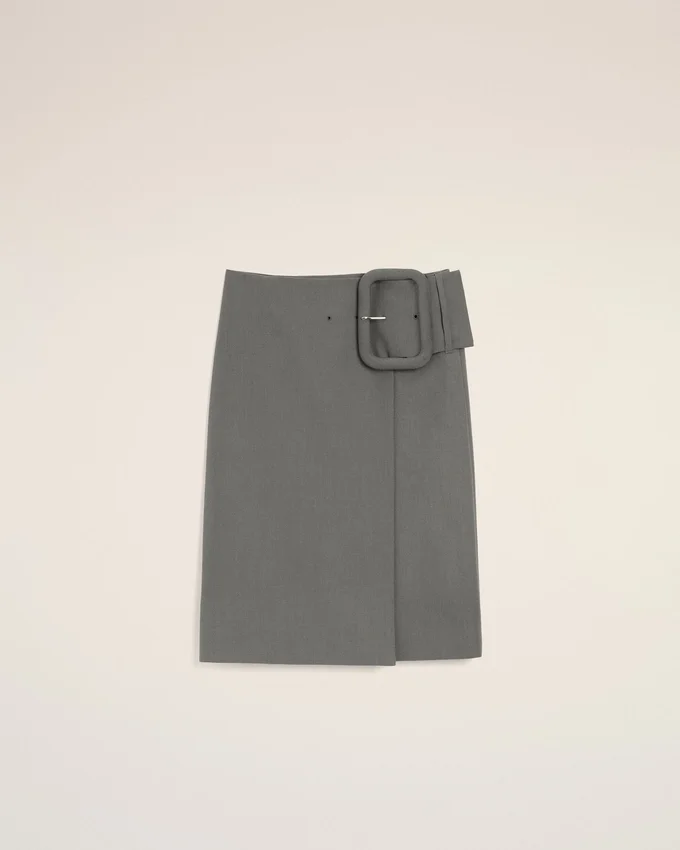 Grey New Wool Big Buckle Belted Midi Skirt Grey New Wool Big Buckle Belted Midi Skirt