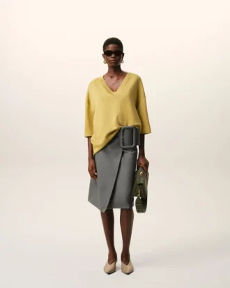 Grey New Wool Big Buckle Belted Midi Skirt