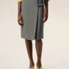 Grey New Wool Big Buckle Belted Midi Skirt Grey New Wool Big Buckle Belted Midi Skirt