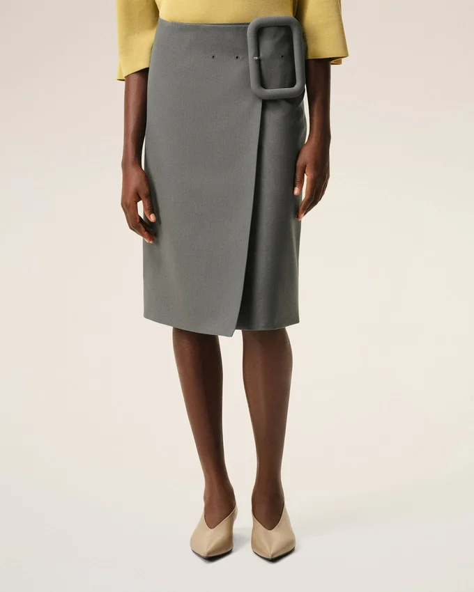 Grey New Wool Big Buckle Belted Midi Skirt Grey New Wool Big Buckle Belted Midi Skirt