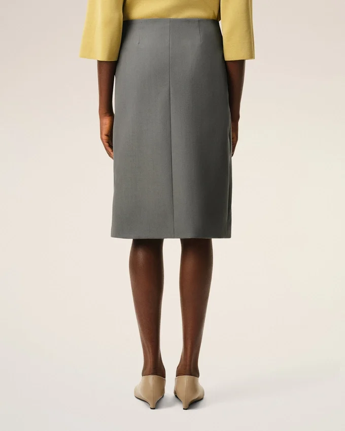 Grey New Wool Big Buckle Belted Midi Skirt Grey New Wool Big Buckle Belted Midi Skirt