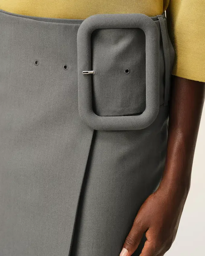 Grey New Wool Big Buckle Belted Midi Skirt Grey New Wool Big Buckle Belted Midi Skirt