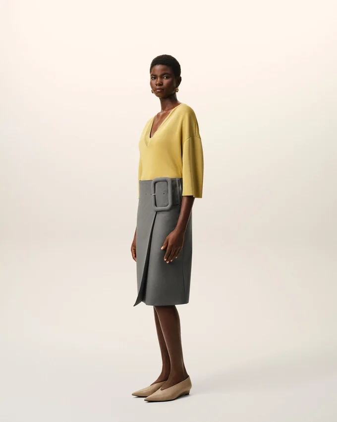 Grey New Wool Big Buckle Belted Midi Skirt Grey New Wool Big Buckle Belted Midi Skirt
