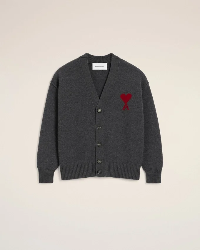 Grey Wool Cardigan with Contrasted Ami De Coeur Grey Wool Cardigan with Contrasted Ami De Coeur