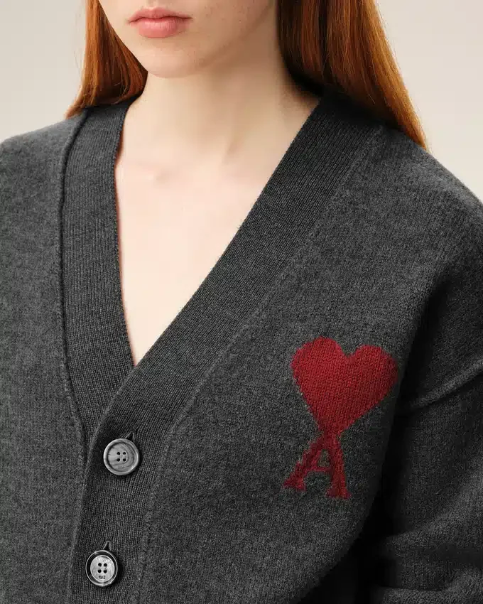 Grey Wool Cardigan with Contrasted Ami De Coeur Grey Wool Cardigan with Contrasted Ami De Coeur