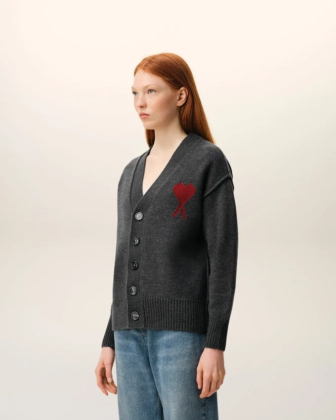 Grey Wool Cardigan with Contrasted Ami De Coeur Grey Wool Cardigan with Contrasted Ami De Coeur