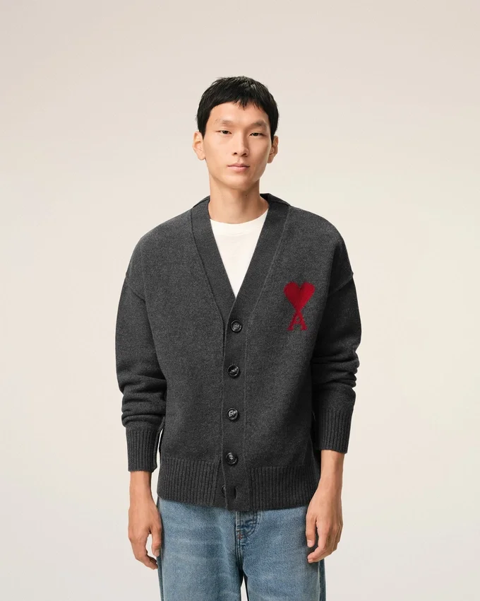 Grey Wool Cardigan with Contrasted Ami De Coeur Grey Wool Cardigan with Contrasted Ami De Coeur