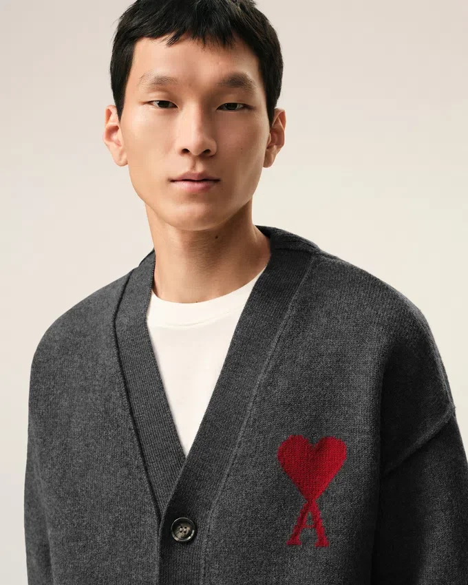 Grey Wool Cardigan with Contrasted Ami De Coeur Grey Wool Cardigan with Contrasted Ami De Coeur